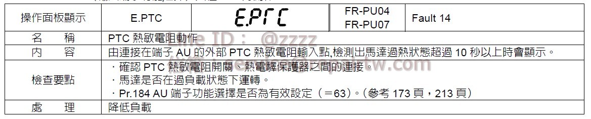 三菱 變頻器 FR-A721-5.5K E.PTC PTC熱敏電阻動作 PTC thermistor operation