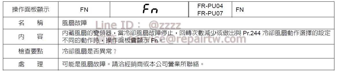 三菱 變頻器 FR-A721-7.5K FN 風扇故障 Fan fault
