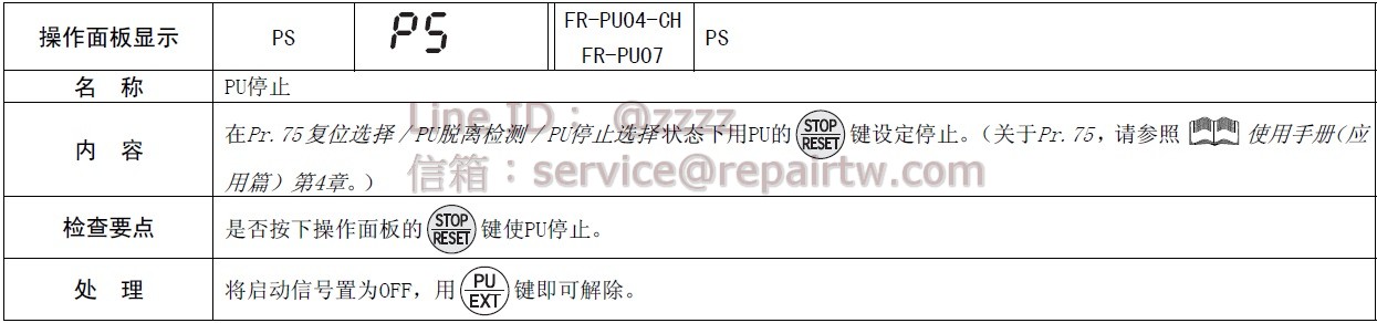 三菱 變頻器 FR-D740-012-NA PS PU停止 PU stop