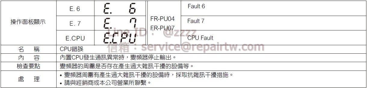 三菱 變頻器 FR-E740-095 E.7 CPU 錯誤 CPU fault