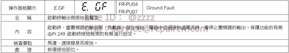 三菱 變頻器 FR-E740-0.75K-CHT E.GF 啟動時輸出側接地過電流 Output side earth (ground) fault overcurrent at start