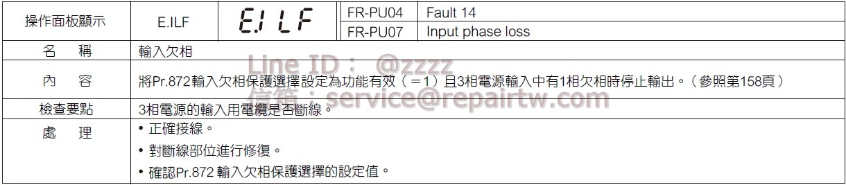 三菱 變頻器 FR-E740-060 E.ILF 輸入缺相 Input phase loss