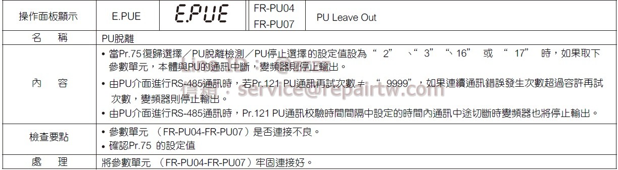 三菱 變頻器 FR-E740-0.75K-CHT E.PUE PU脫離 PU disconnection
