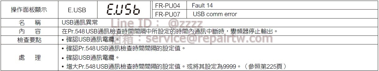三菱 變頻器 FR-E740-15K E.USB USB 通訊異常 USB communication fault