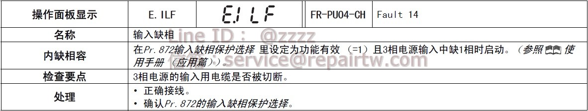 三菱 變頻器 FR-F720PJ-7.5K E.ILF 輸入缺相 Input phase loss