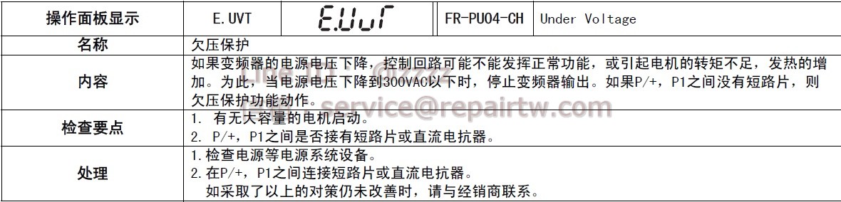 三菱 變頻器 FR-F720PJ-1.5KF E.UVT 電壓不足 Undervoltage
