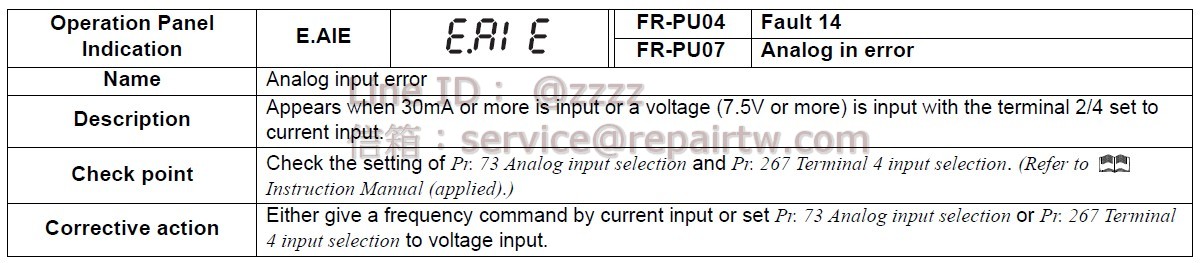Mitsubishi Inverter FR-A721-37K E.AIE 類比輸入異常 Analog input error