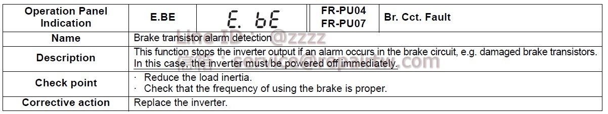 Mitsubishi Inverter FR-A720-15K E.BE 剎車晶體異常檢查 Brake transistor alarm detection