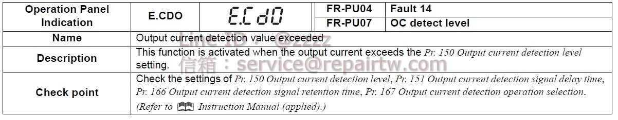 Mitsubishi Inverter FR-A740-00060-NA E.CDO 超出輸出電流檢測值 Output current detection value exceeded