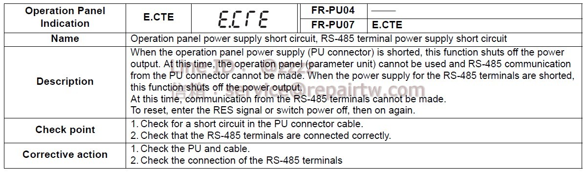 Mitsubishi Inverter FR-A720-3.7K E.CTE 操作面板用電源短路，RS-485 端子用電源短路。 Operation panel power supply short circuit, RS-485 terminal power supply short circuit
