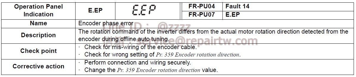 Mitsubishi Inverter FR-A740-00440-NA E.EP 編碼器相位錯誤 Encoder phase error
