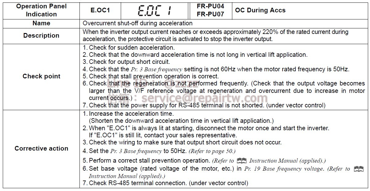 Mitsubishi Inverter FR-A720-00175-NA E.OC1 加速中過電流切斷 Overcurrent shut-off during acceleration