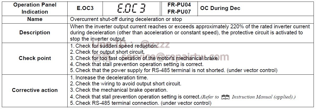 Mitsubishi Inverter FR-A721-30K E.OC3 減速、停止中過電流切斷 Overcurrent shut-off during deceleration or stop