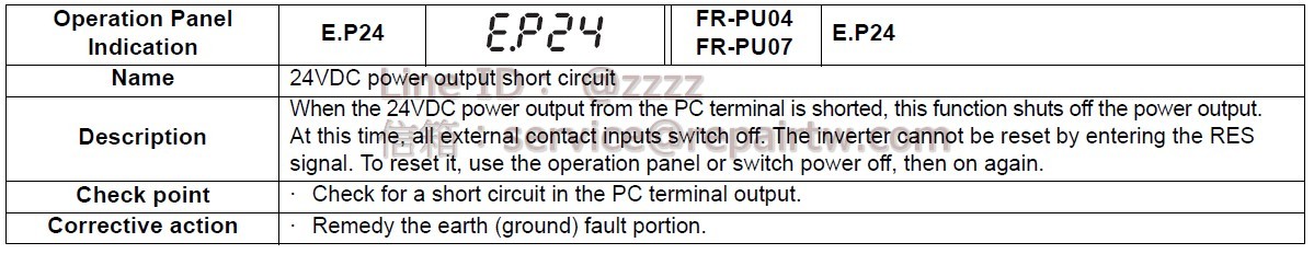 Mitsubishi Inverter FR-A721-11K E.P24 AC 24V 電源輸出短路 24VDC power output short circuit