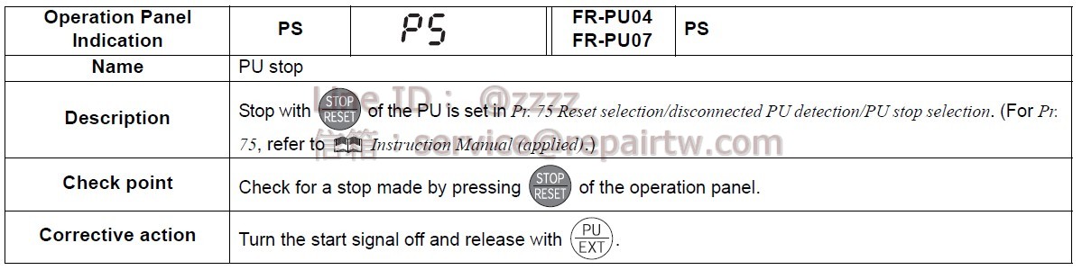 Mitsubishi Inverter FR-A741-37K PS PU停止 PU stop