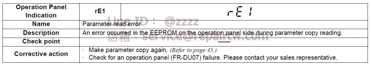 Mitsubishi Inverter FR-A720-00175-NA rE1 參數讀取錯誤 Parameter read error