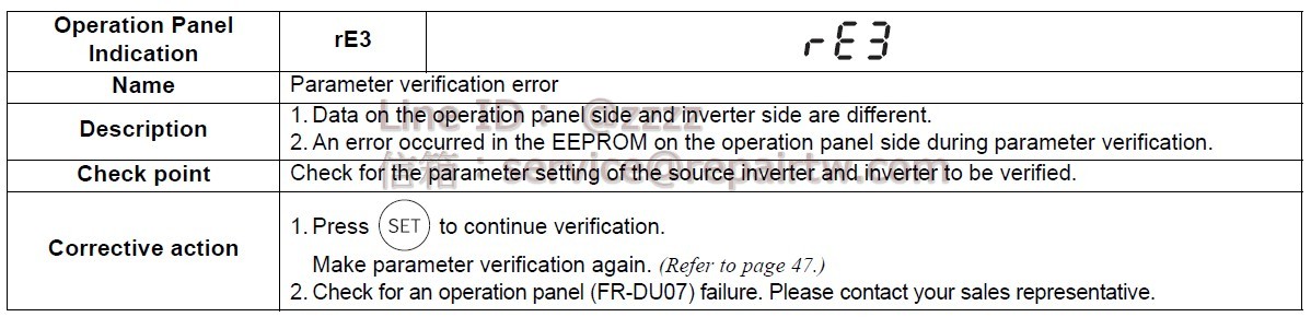 Mitsubishi Inverter FR-A720-00460-NA rE3 參數對照錯誤 Parameter verification error