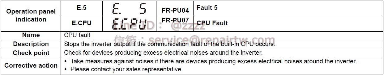 Mitsubishi Inverter FR-D710W-014-NA E.5 CPU 錯誤 CPU fault