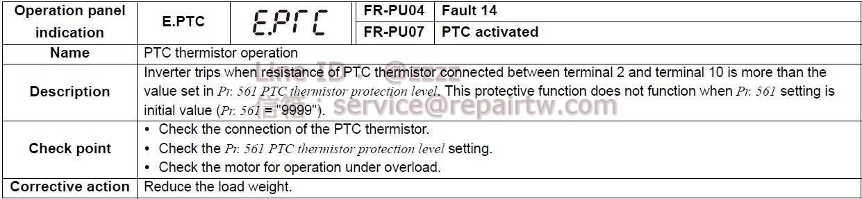 Mitsubishi Inverter FR-D720-070-NA E.PTC PTC熱敏電阻動作 PTC thermistor operation