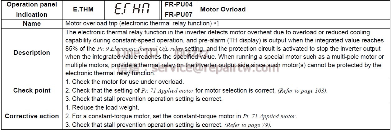 Mitsubishi Inverter FR-D720-070-NA E.THM 馬達過負載跳閘(電子過流保護) Motor overload trip (electronic thermal relay function)