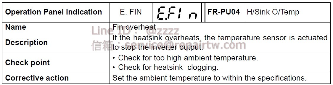 Mitsubishi Inverter FR-E5NF-H7.5K E.FIN 散熱片過熱 Fin overheat