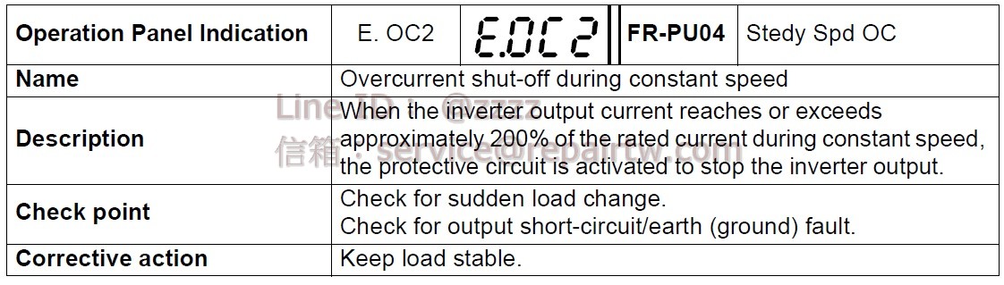 Mitsubishi Inverter FR-E520-0.1KN E.OC2 定速中過電流切斷 Overcurrent shut-off during constant speed