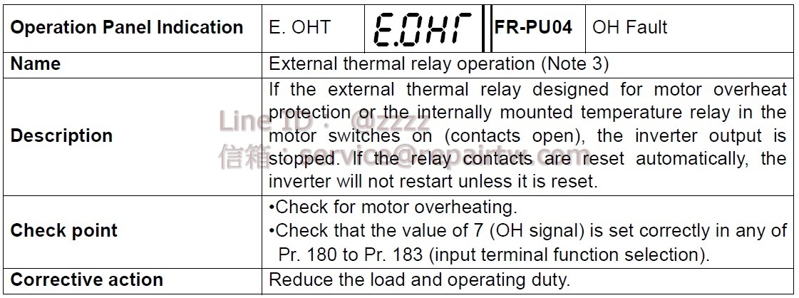 Mitsubishi Inverter FR-E520-0.4KN E.OHT 外部熱電驛動作 External thermal relay operation