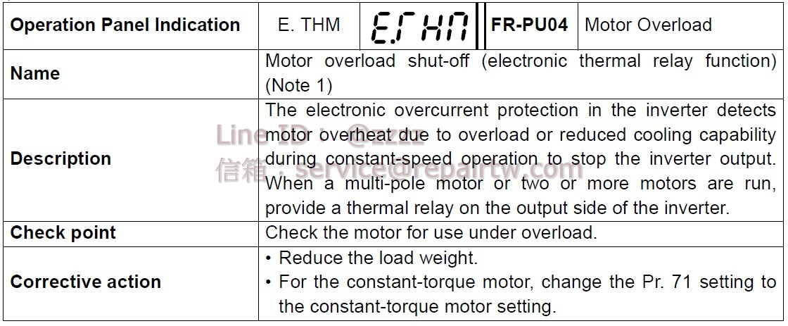 Mitsubishi Inverter FR-E510W-0.1K E.THM 馬達過負載切斷（電子熱電驛） Motor overload shut-off (electronic thermal relay function)