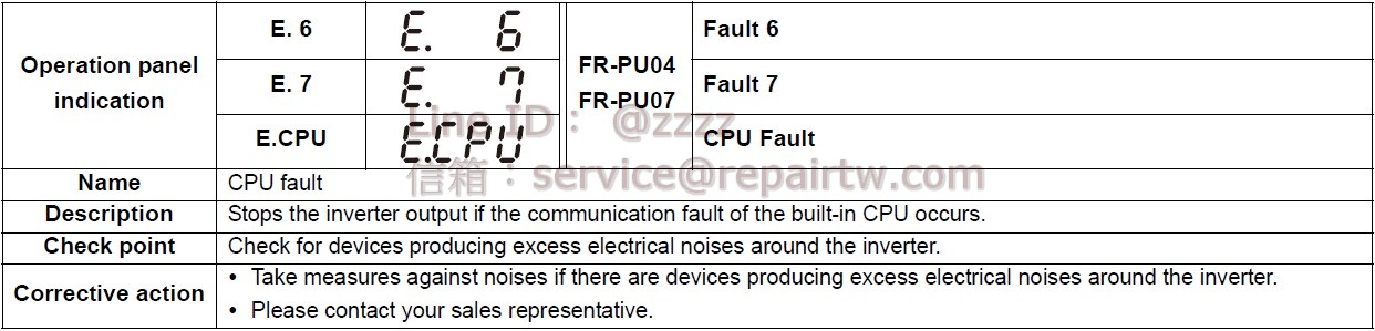 Mitsubishi Inverter FR-E720-11K E.6 CPU 錯誤 CPU fault