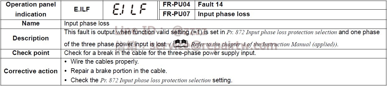 Mitsubishi Inverter FR-E720-0.4K E.ILF 輸入缺相 Input phase loss