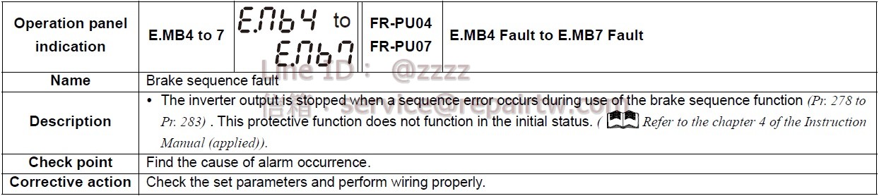 Mitsubishi Inverter FR-E740-170-NA E.MB4 剎車順序錯誤 Brake sequence fault