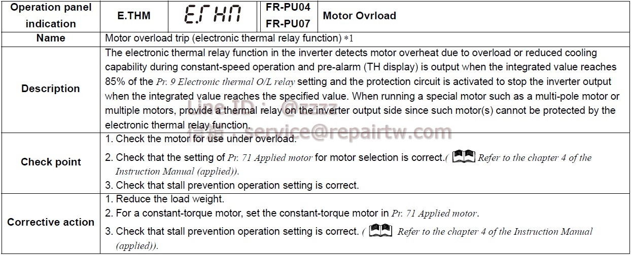 Mitsubishi Inverter FR-E720-5.5K E.THM 馬達過負載跳閘(電子過流保護) Motor overload trip (electronic thermal relay function)