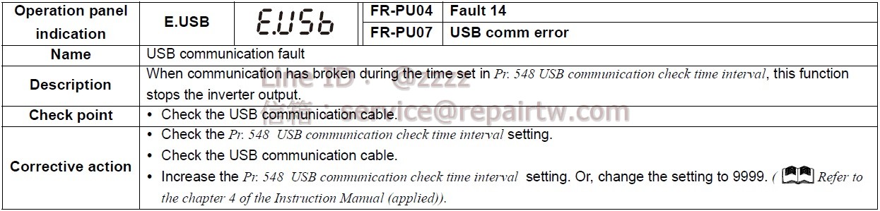 Mitsubishi Inverter FR-E740-15K E.USB USB 通訊異常 USB communication fault
