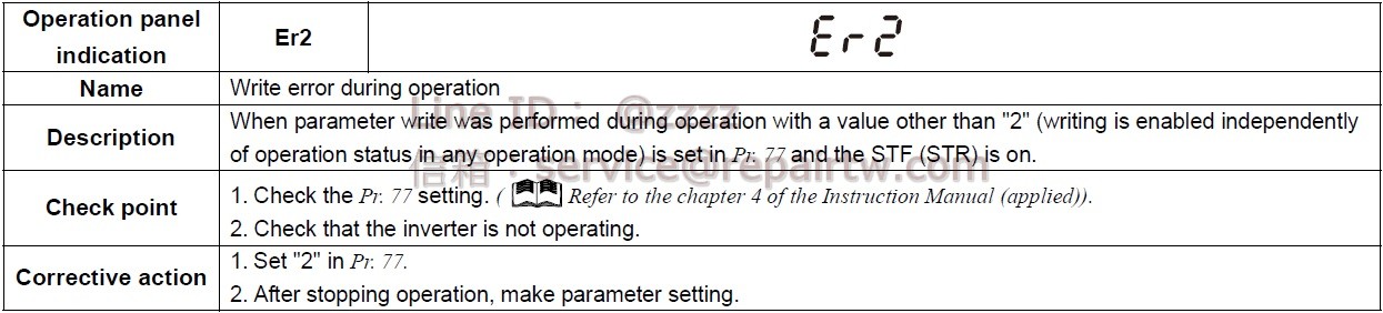 Mitsubishi Inverter FR-E740-2.2K Er2 參數寫入錯誤 Parameter write error