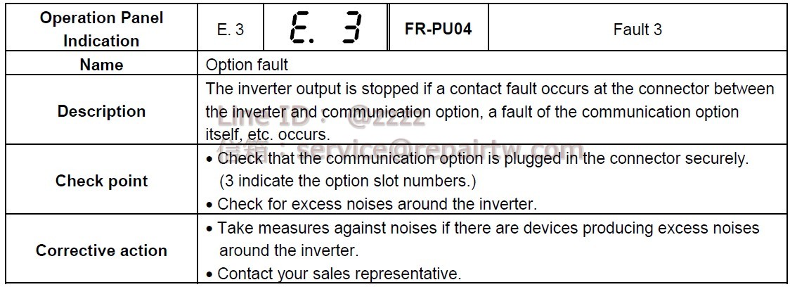 Mitsubishi Inverter FR-F520-45K E.3 配件異常 Option fault