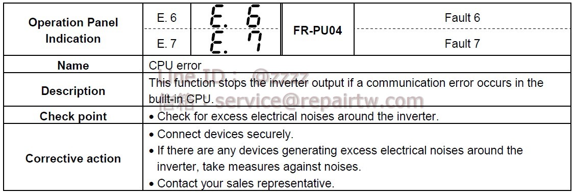 Mitsubishi Inverter FR-F540L-280K E.6 CPU錯誤 CPU error