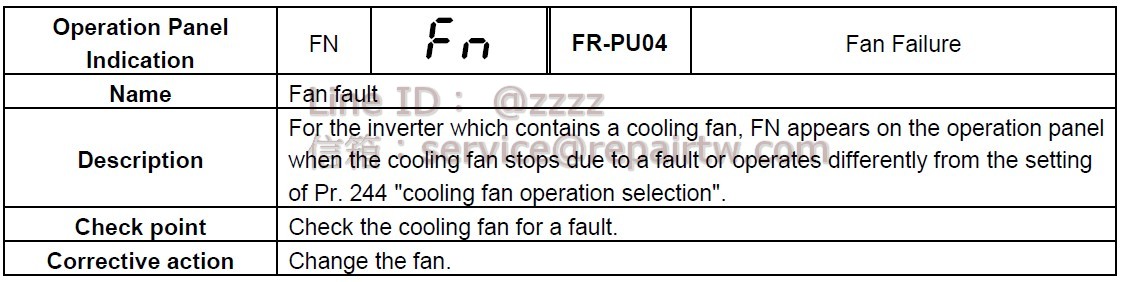 Mitsubishi Inverter FR-F520J-3.7K E.FN 風扇故障 Fan fault