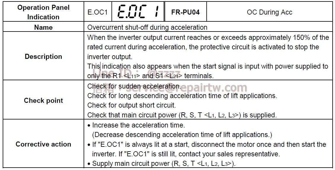 Mitsubishi Inverter FR-F540-0.75K E.OC1 加速中過電流切斷 Overcurrent shut-off during acceleration