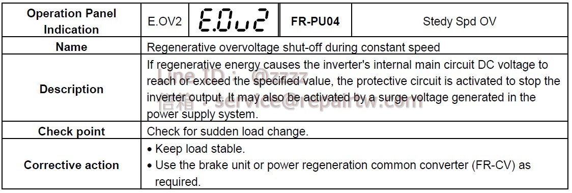 Mitsubishi Inverter FR-F540-11K E.OV2 定速中回過電壓切斷 Regenerative overvoltage shut-off during constant speed