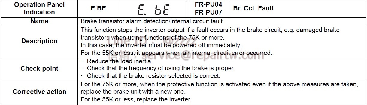 Mitsubishi Inverter FR-F740PJ-11KF E.BE 制動晶體管異常檢測 Brake transistor alarm detection/internal circuit fault