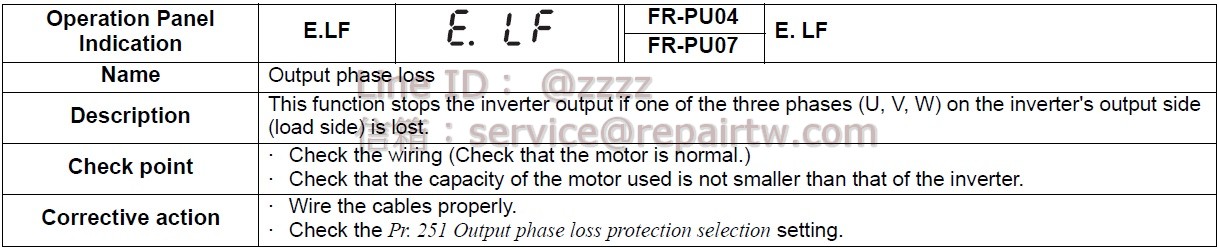 Mitsubishi Inverter FR-F720-00250-NA E.LF 輸出缺相 Output phase loss