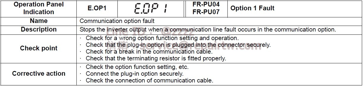 Mitsubishi Inverter FR-F720-00930-NA E.OP1 通訊配件異常 Communication option fault