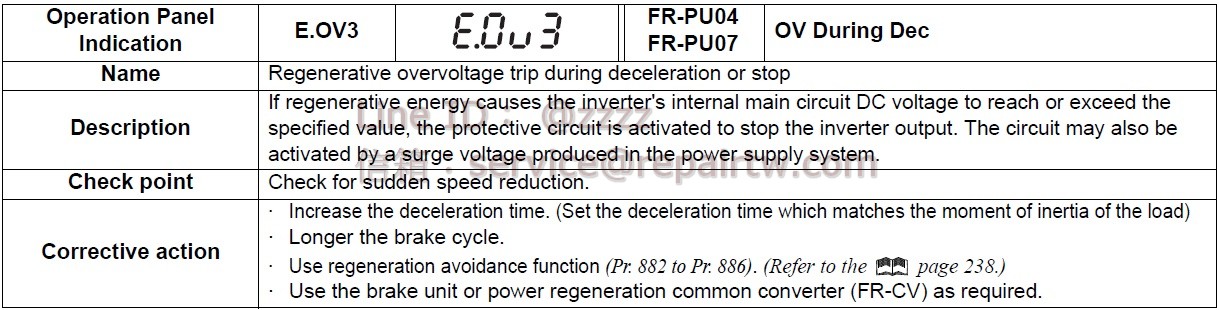 Mitsubishi Inverter FR-F740P-280K E.OV3 減速停止時再生過電壓跳閘 Regenerative overvoltage trip during deceleration or stop