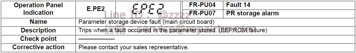 Mitsubishi Inverter FR-F740PJ-11KF E.PE2 參數存儲元件異常(主電路基板) Parameter storage device fault (main circuit board)