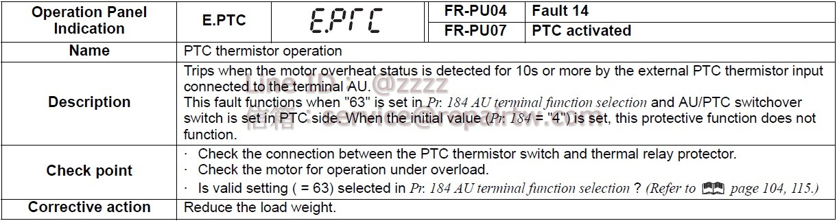 Mitsubishi Inverter FR-F740PJ-15KF E.PTC PTC熱敏電阻動作 PTC thermistor operation