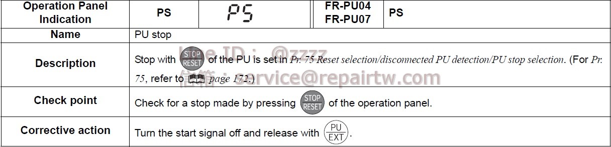 Mitsubishi Inverter FR-F740PJ-15KF PS PU停止 PU stop