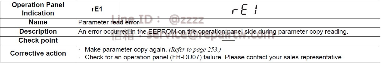 Mitsubishi Inverter FR-F720-22K rE1 參數讀取錯誤 Parameter read error