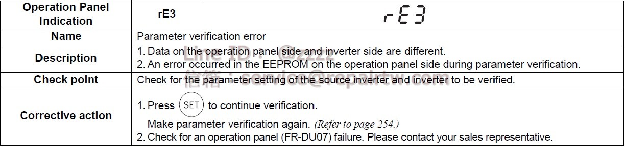 Mitsubishi Inverter FR-F720-00930-NA rE3 參數對照錯誤 Parameter verification error